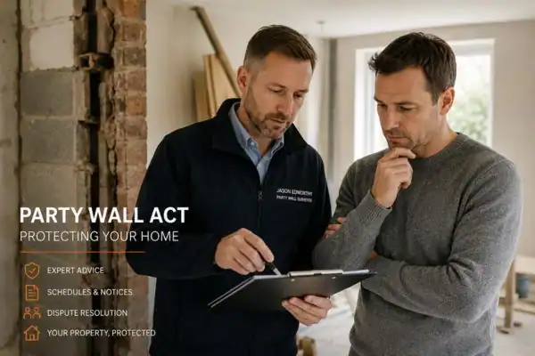 Party wall surveyor Kent discussing extension plans with homeowner outside a UK semi-detached house.